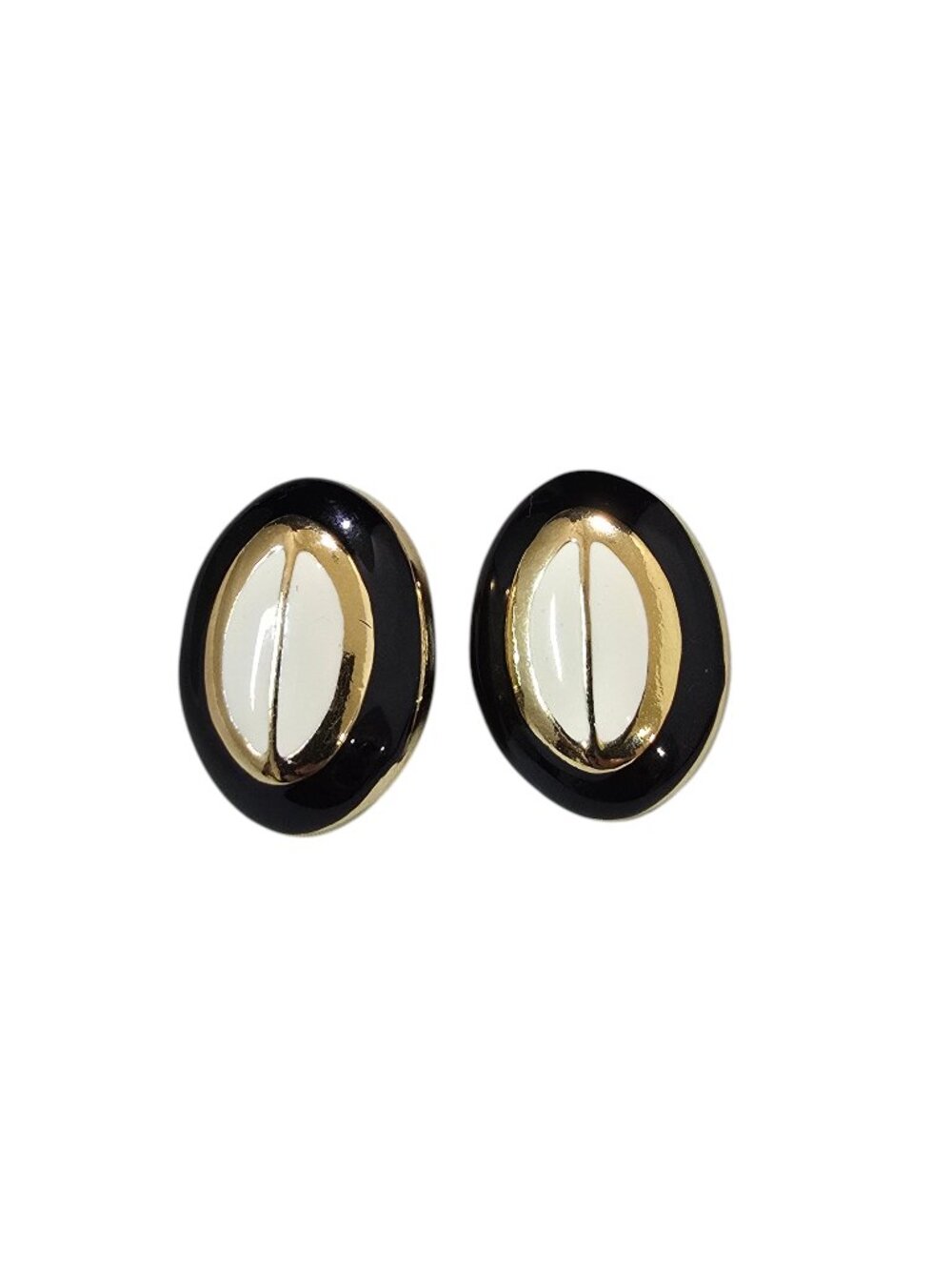 Vintage Almond Shaped Dome Earrings Gold Plated Black Beige Enamel Pierced